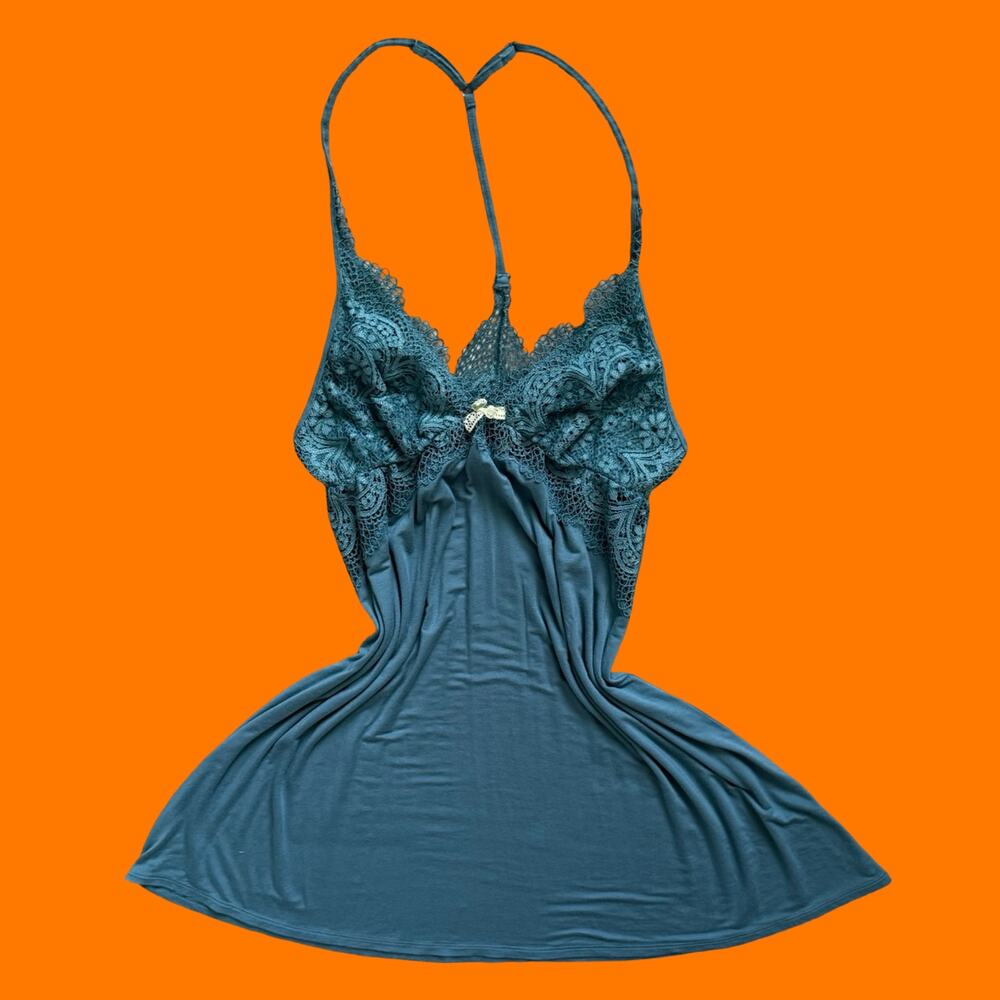 Victoria’s Secret Teal Blue Lace Trim Racerback Babydoll Chemise Dress M